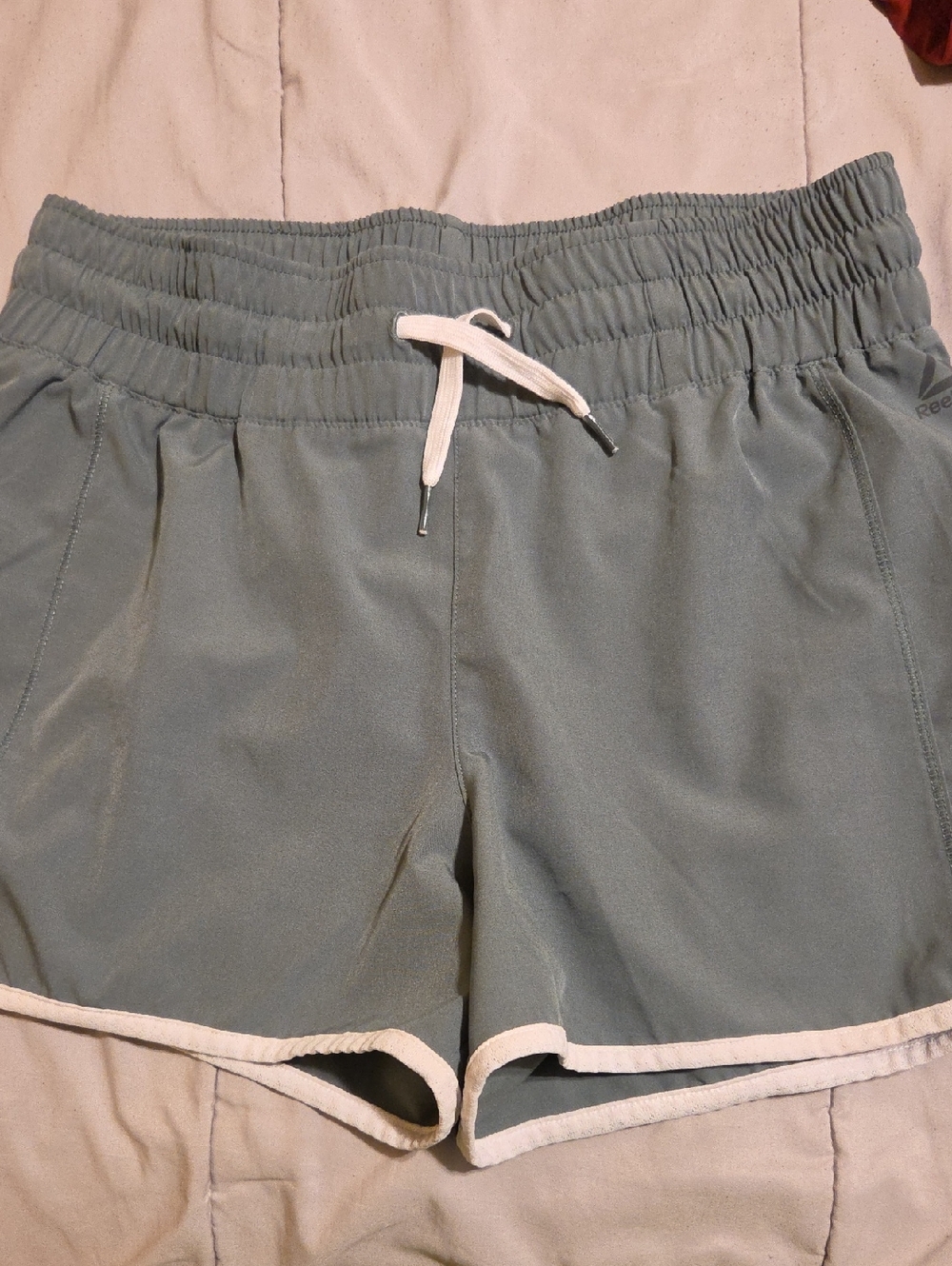 Reebok Women's Sage Green Athletic Drawstring Shorts with White Trim